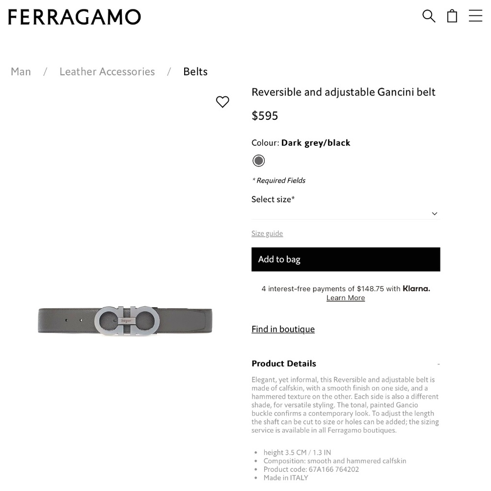 Salvatore Ferragamo Reversible black and Grey Leather Gancini adjustable belt